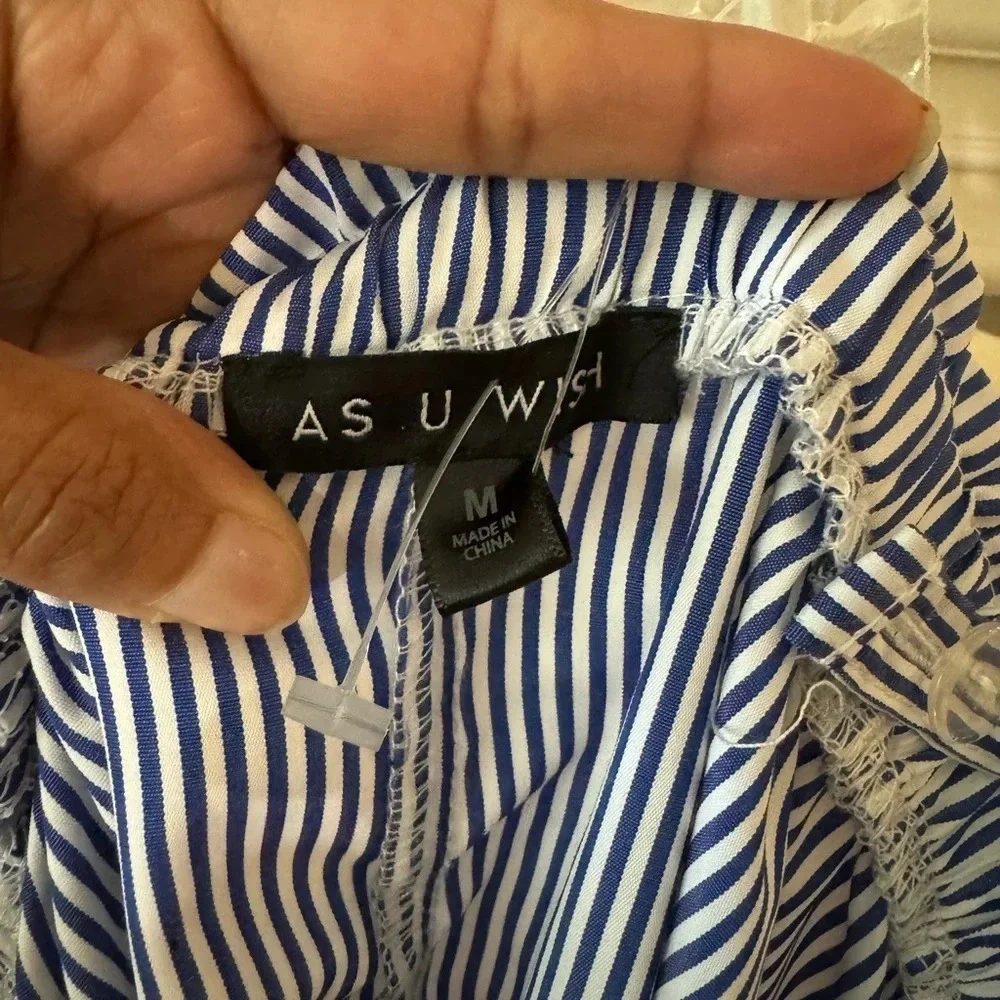 As U Wish NWT Women’s Dress Off theShoulder Blue White Stripe Embroidered- M - Picture 5 of 9
